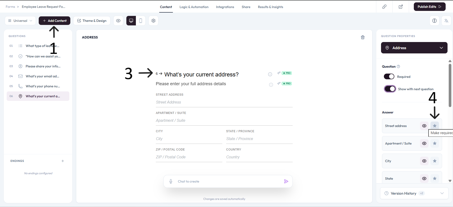 Add content menu showing Address question option