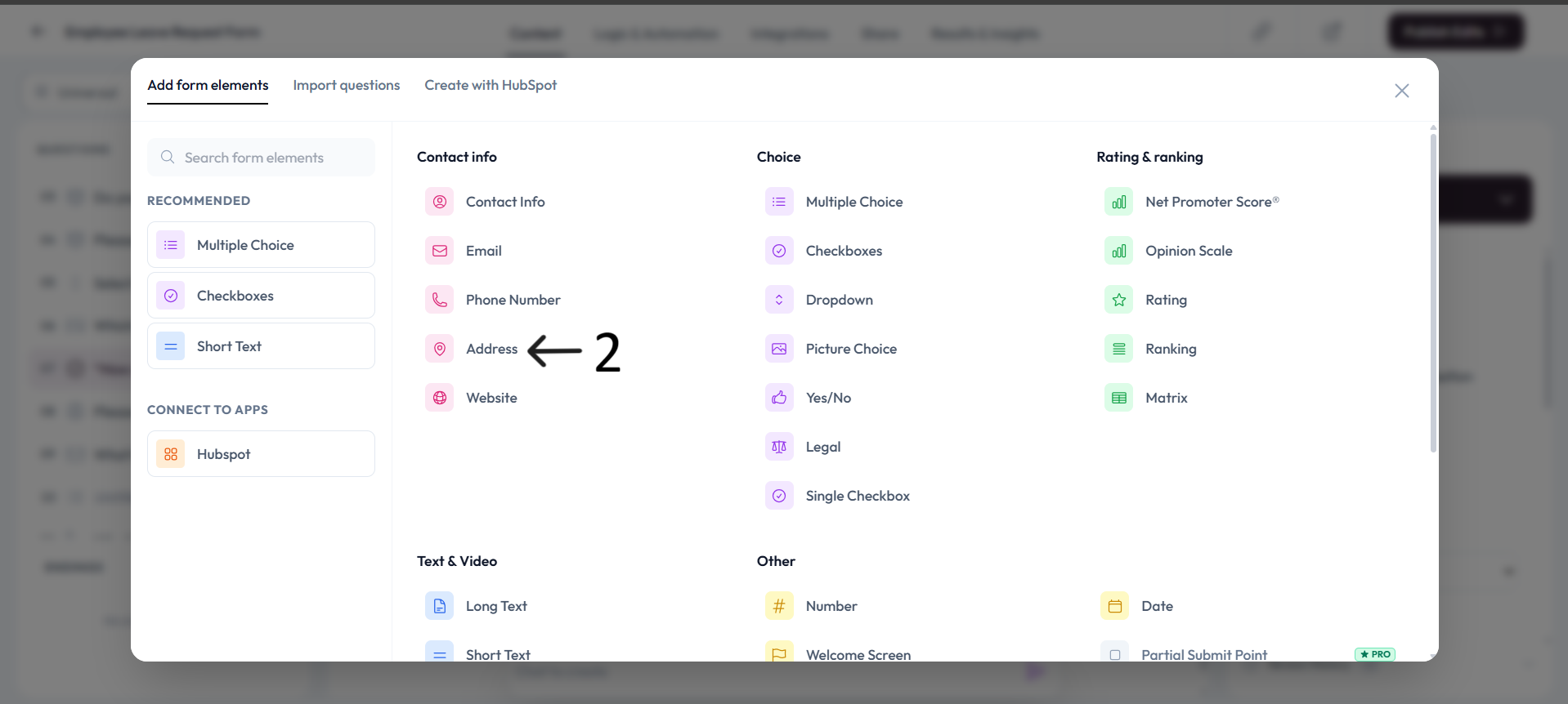 Add content panel with Address option