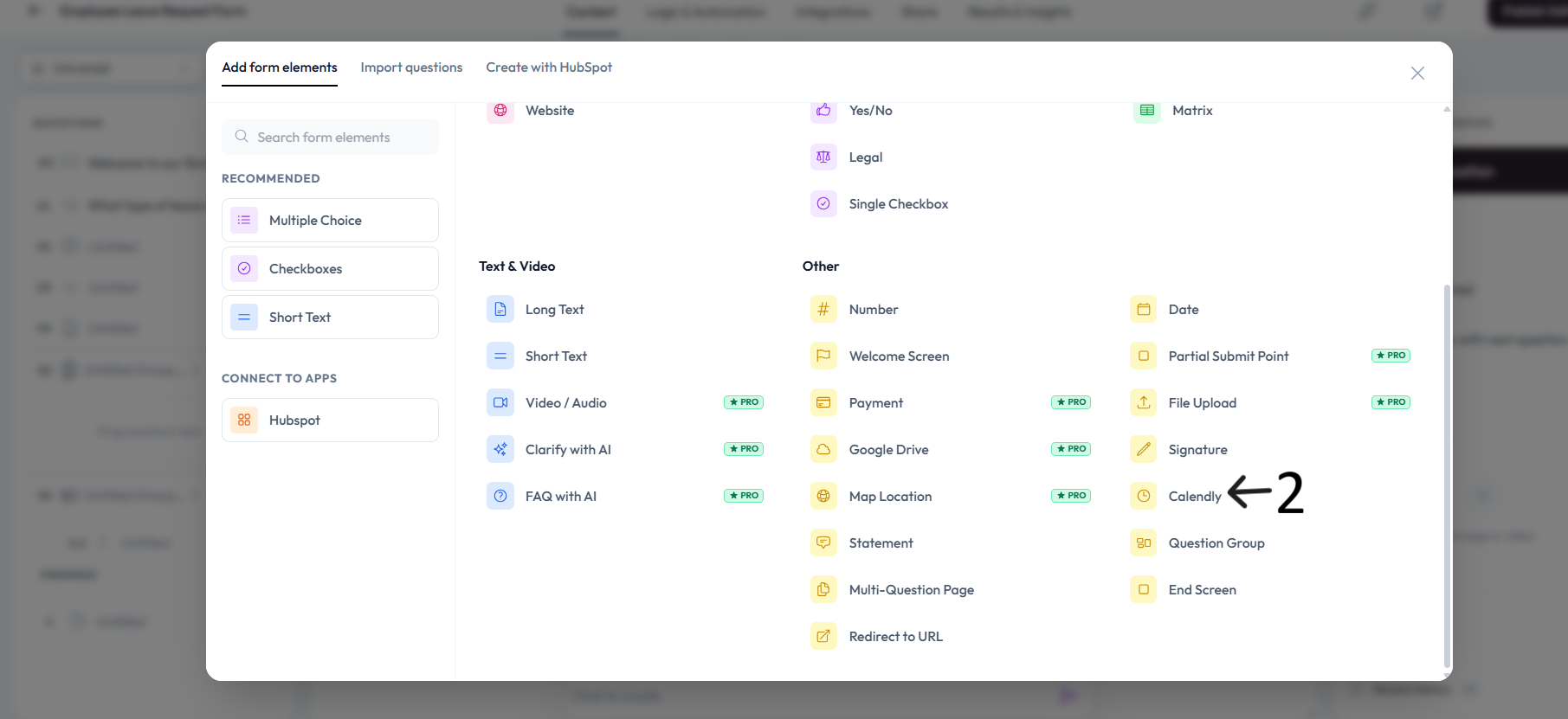 Calendly option selected in the question type menu after step 2