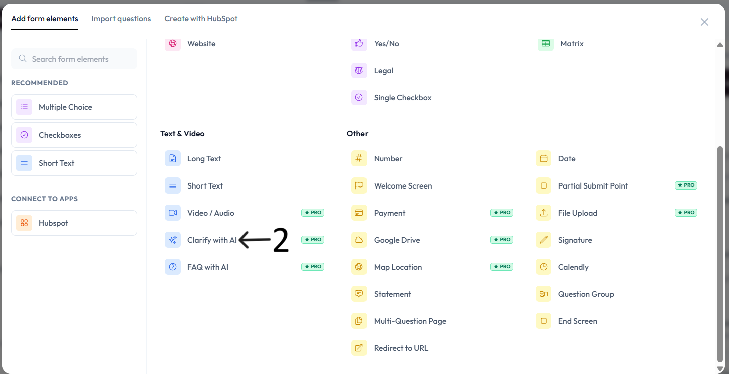 Clarify with AI option in question type menu