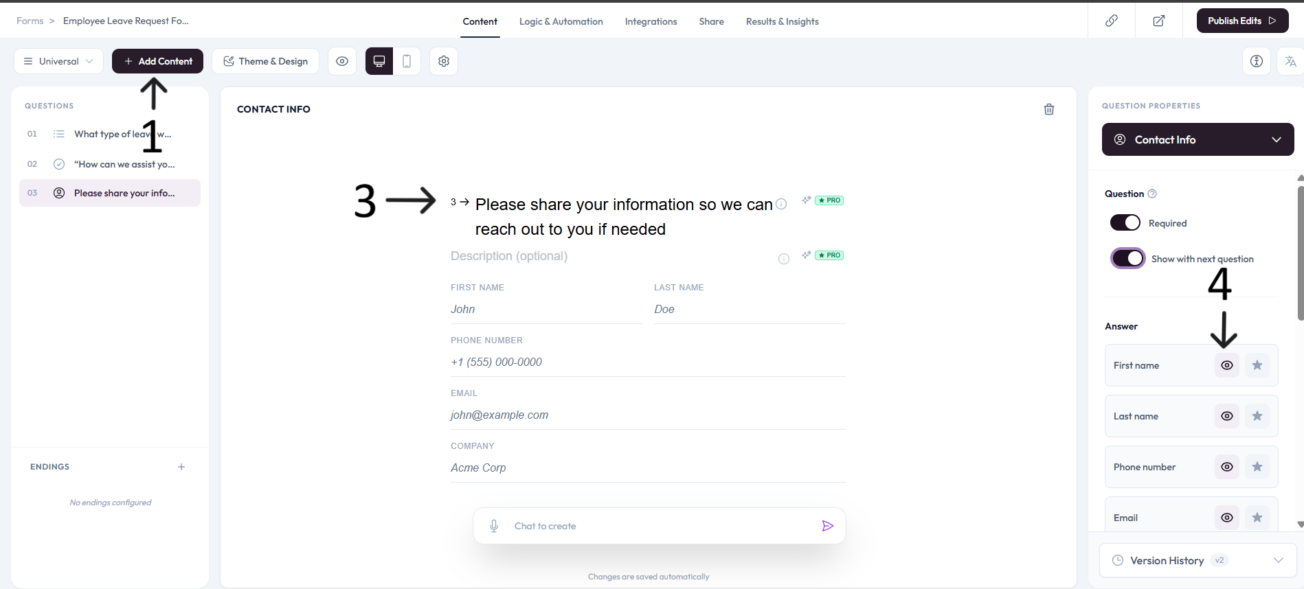 Contact Info question view after step 4 field visibility settings