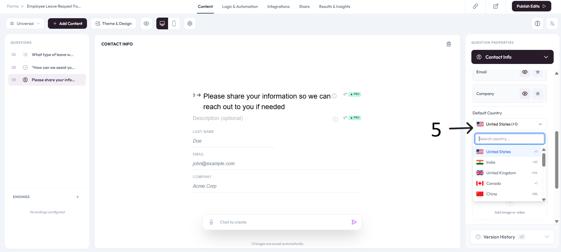 Contact Info question view after step 5