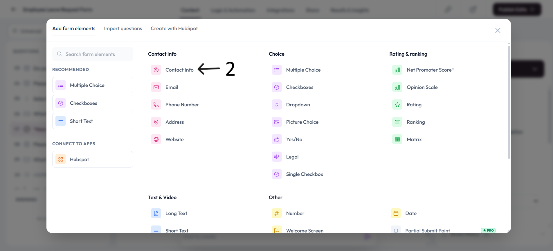 Contact Info option selected after step 2