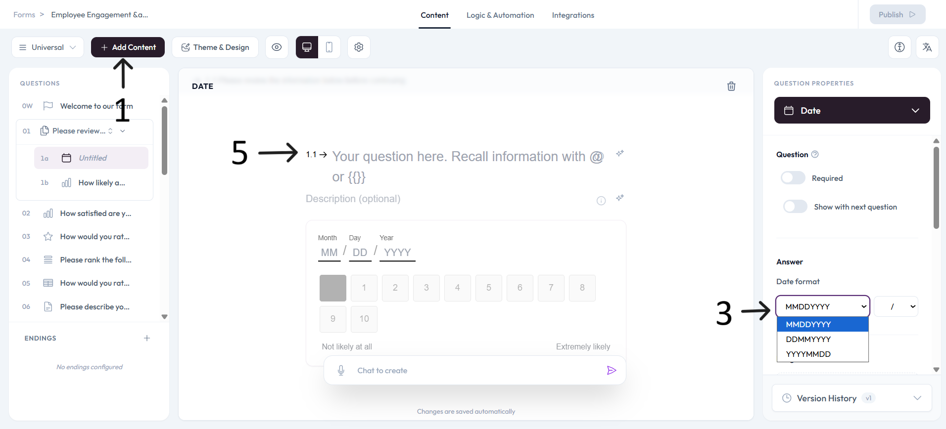 Date question configuration after step 5
