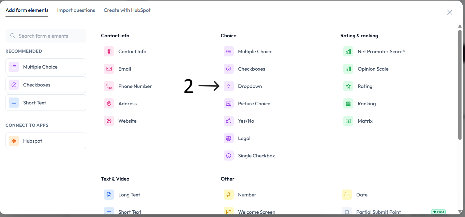 Dropdown option selected in question type menu after step 2
