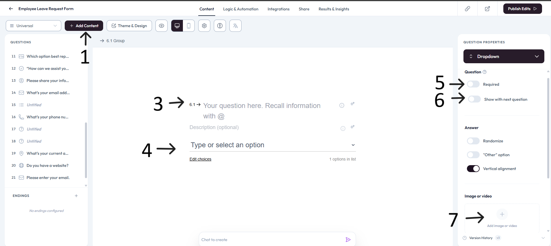 Dropdown choices configured after step 4