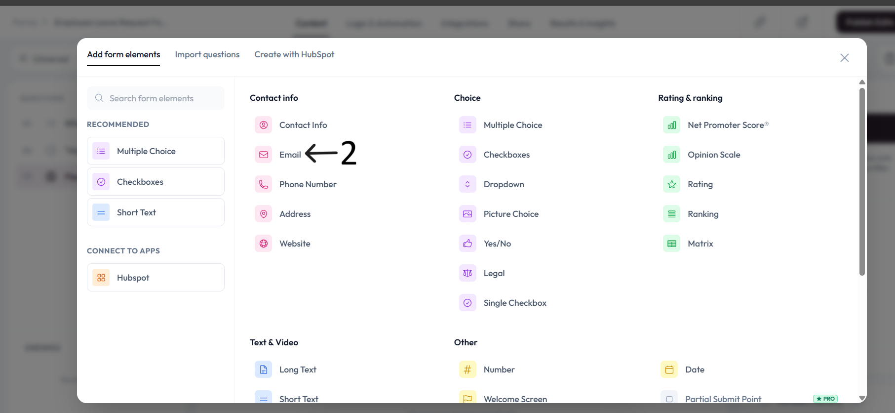 Email option selected in question type menu after step 2