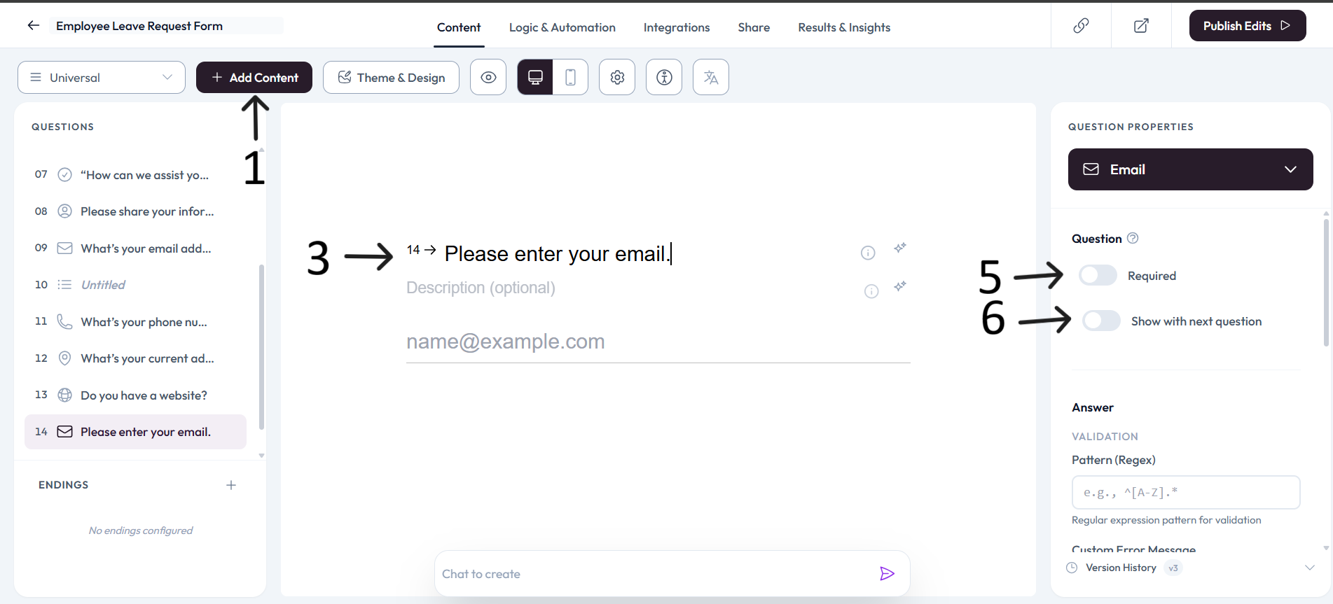 Email question editor after step 3