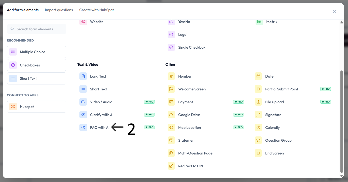 FAQ with AI option in question type menu