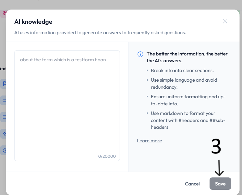 FAQ with AI legal disclaimer step