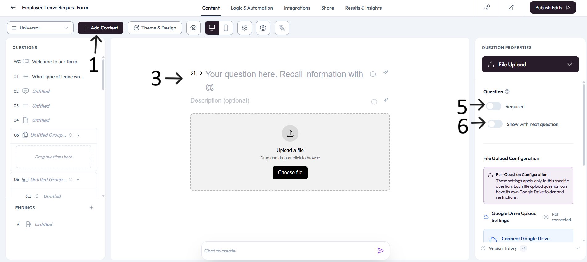 File Upload question editor after step 4