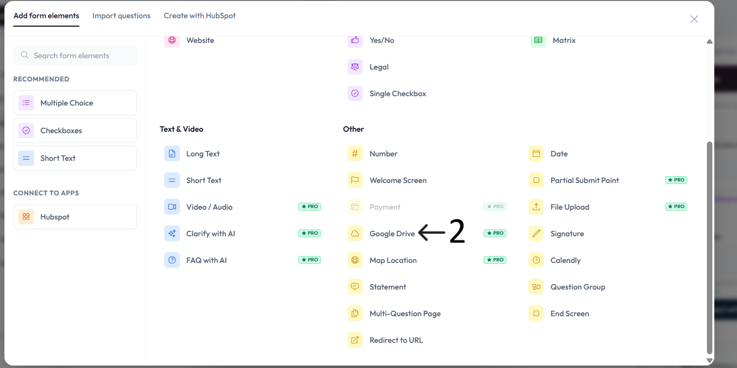 Google Drive option in question type menu