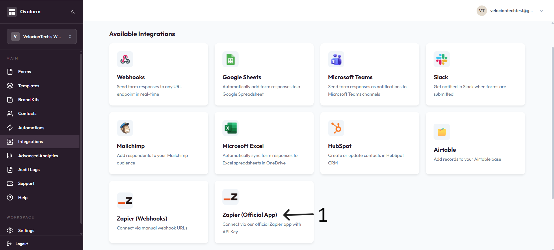 Zapier Official App integration card after step 1