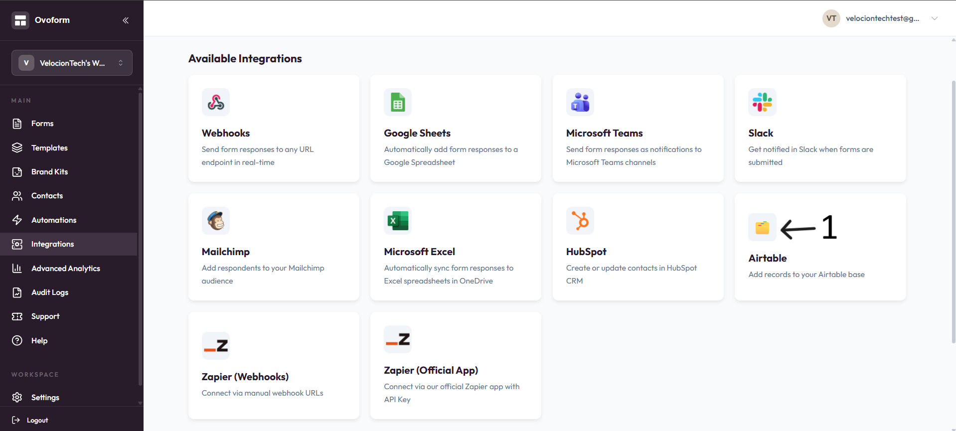 Airtable integration card after step 1