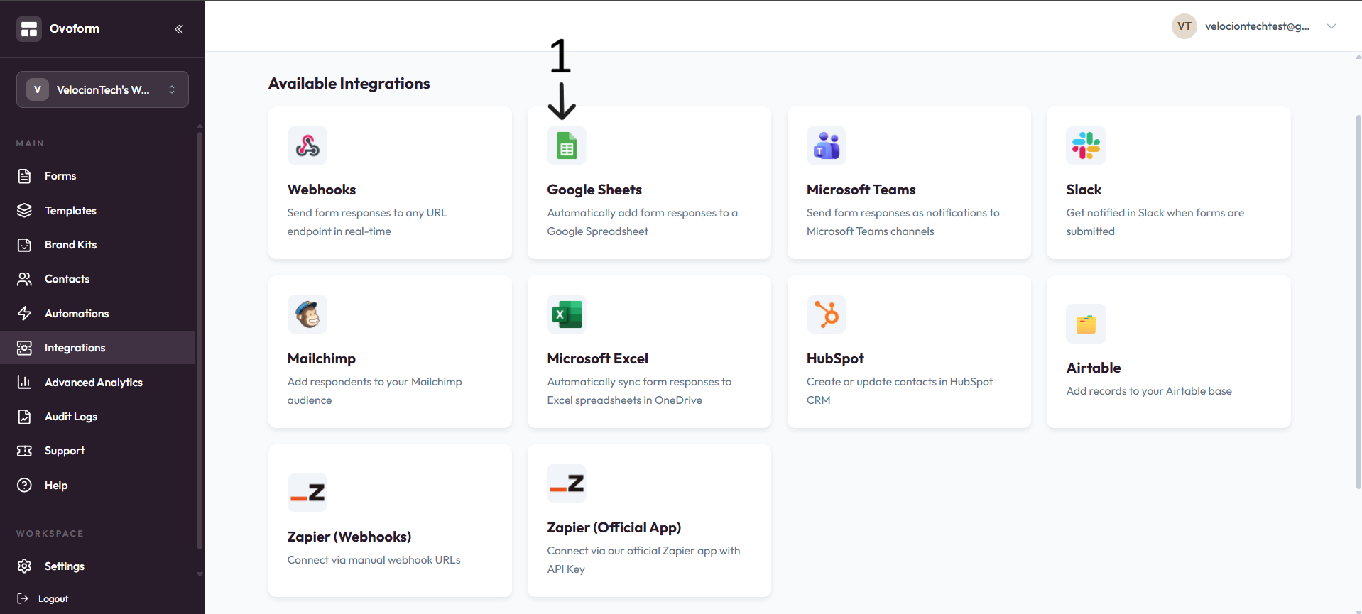 Google Sheets integration card after step 1