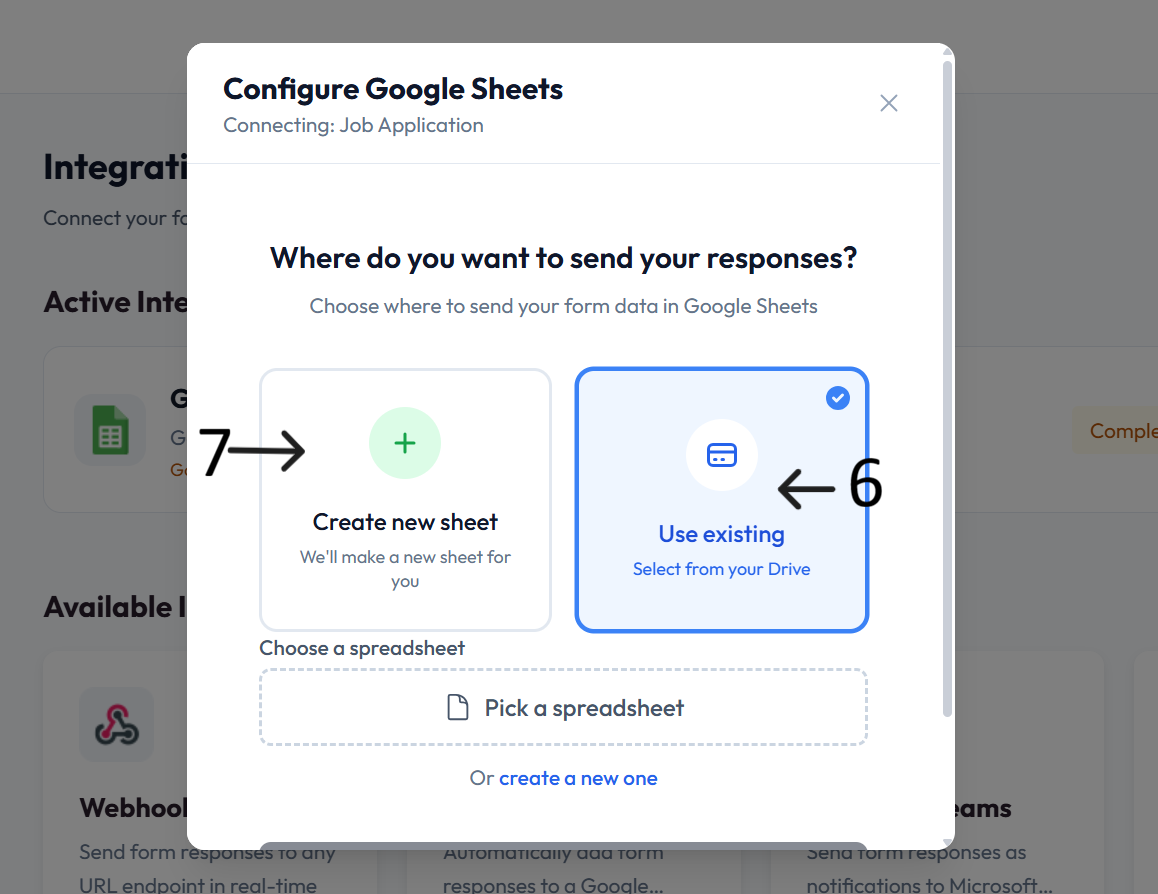 Google Sheets destination selection after step 7