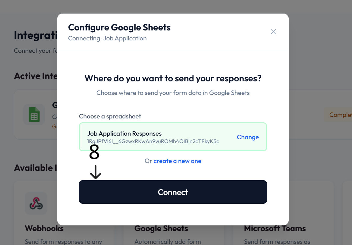 Google Sheets connect confirmation after step 8