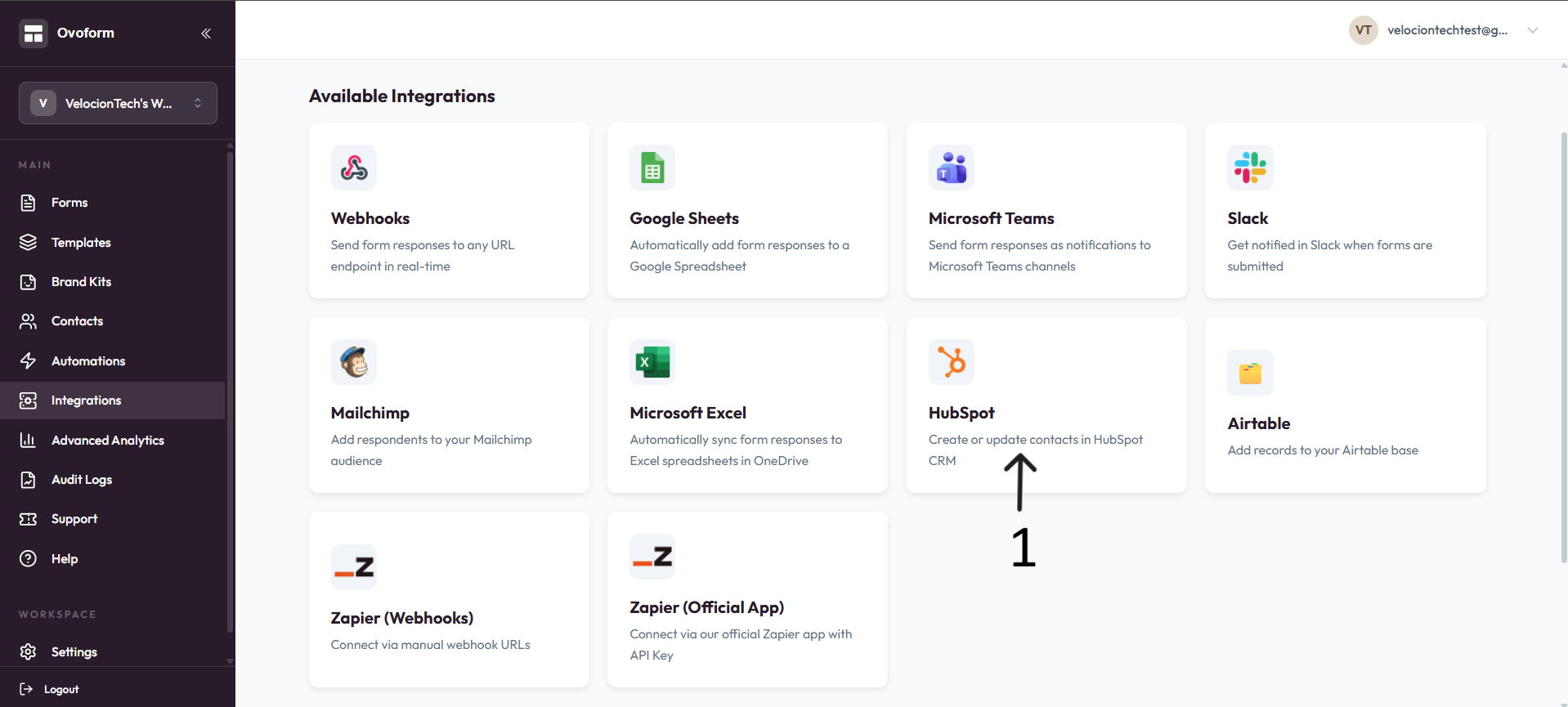 HubSpot integration card after step 1
