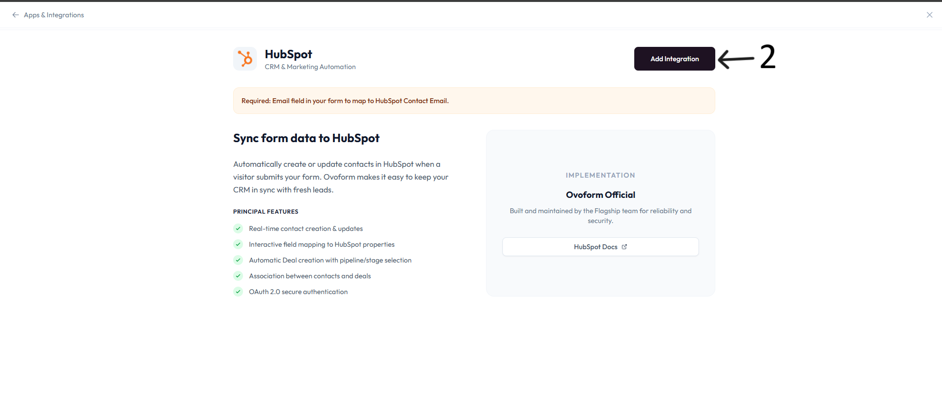 HubSpot Add Integration screen after step 2