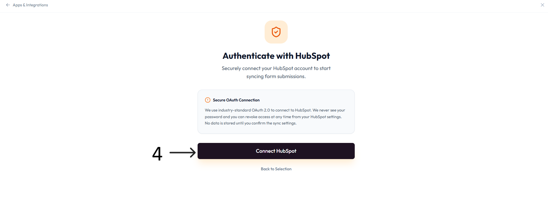 HubSpot authentication screen after step 4