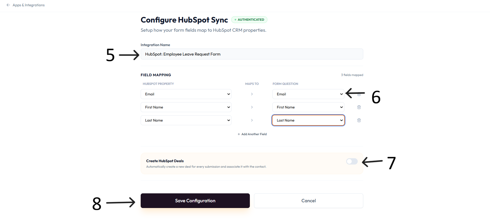 HubSpot field mapping after step 6