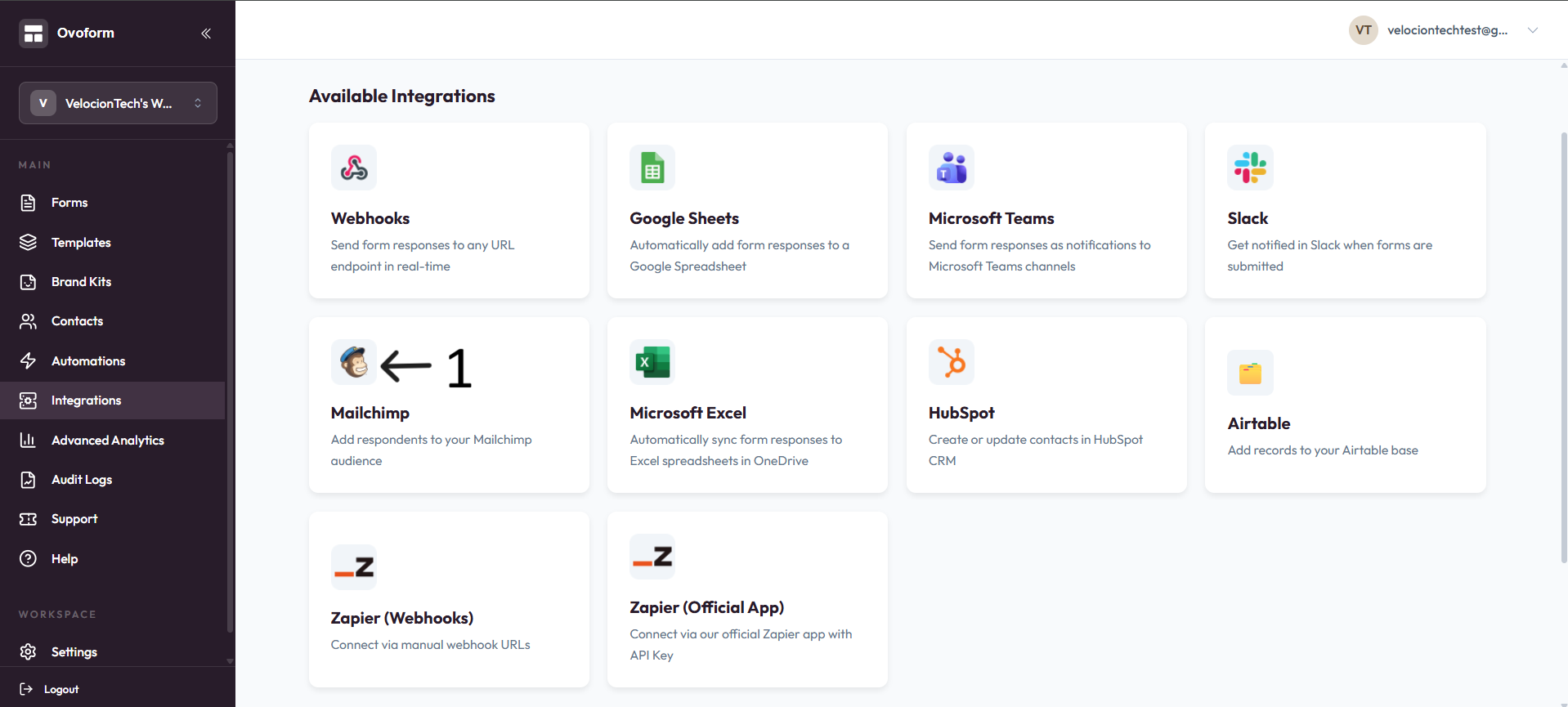 Mailchimp integration card after step 1