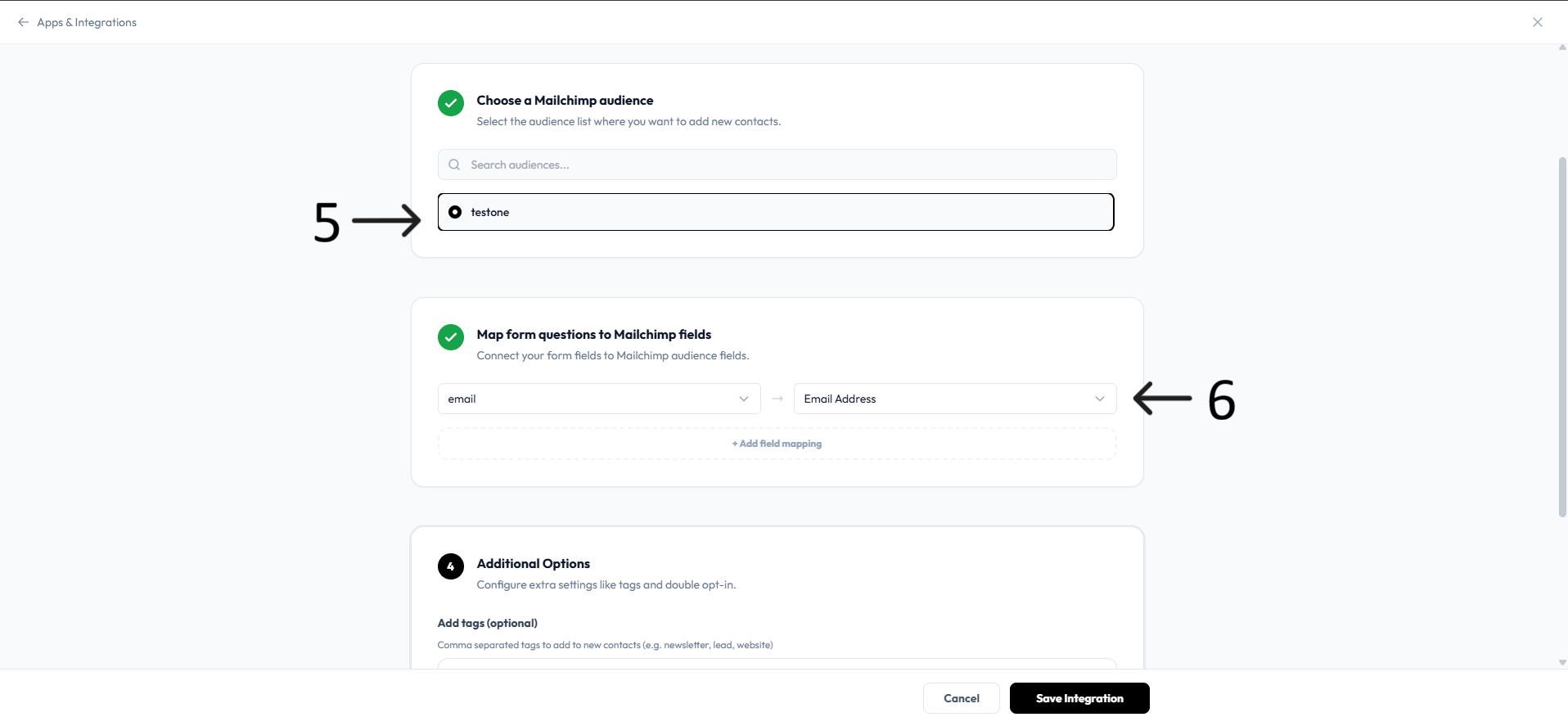 Mailchimp audience selection after step 5