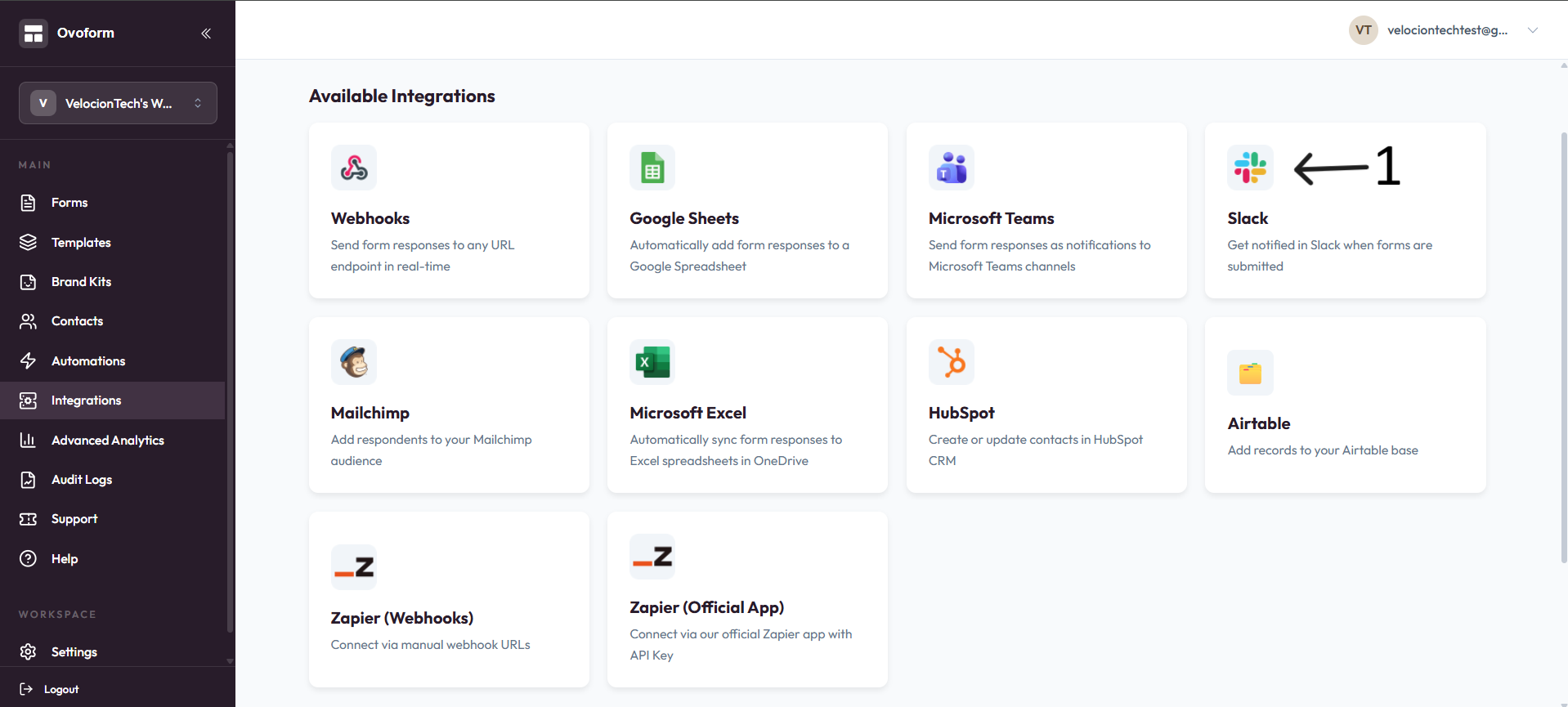 Slack integration card after step 1
