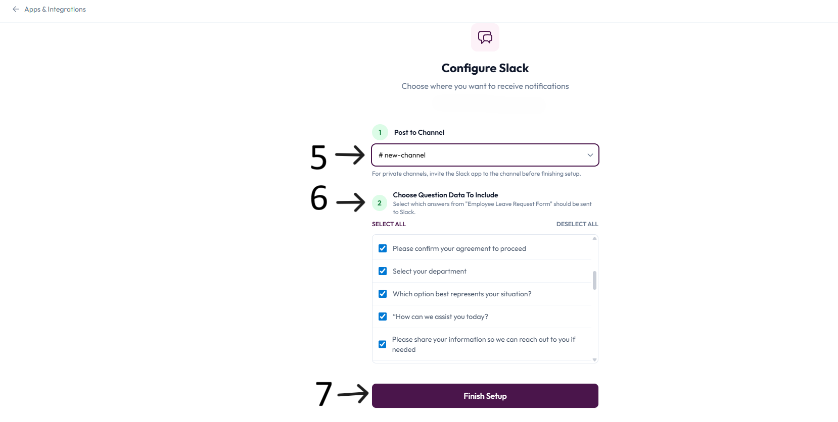Slack question data selection after step 6