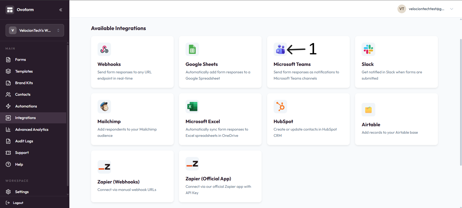 Microsoft Teams integration card after step 1