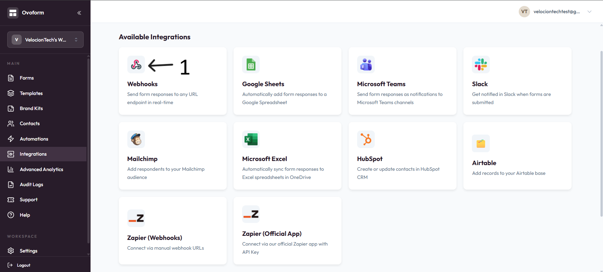 Webhooks integration card after step 1