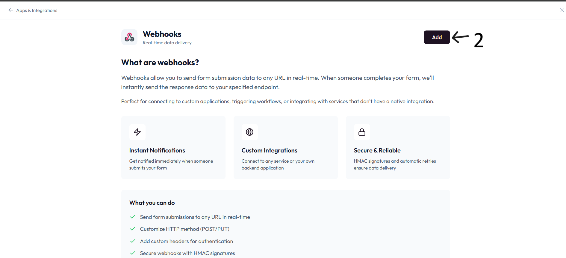 Webhooks Add screen after step 2