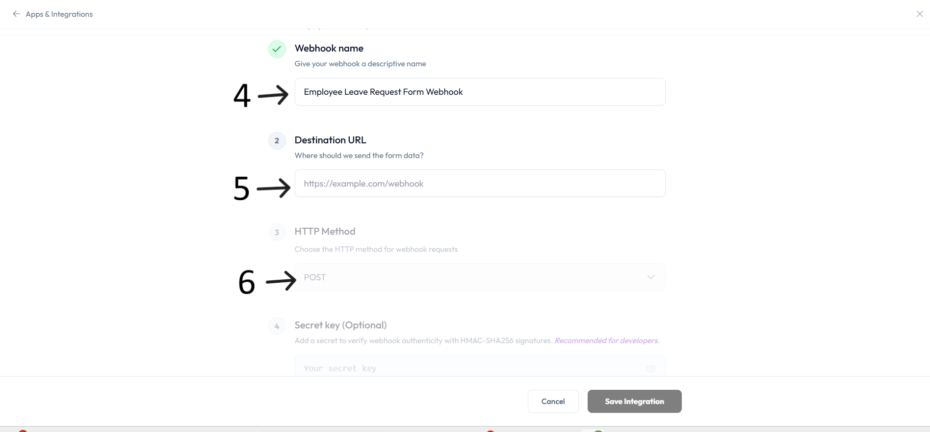 Webhook destination URL configuration after step 5