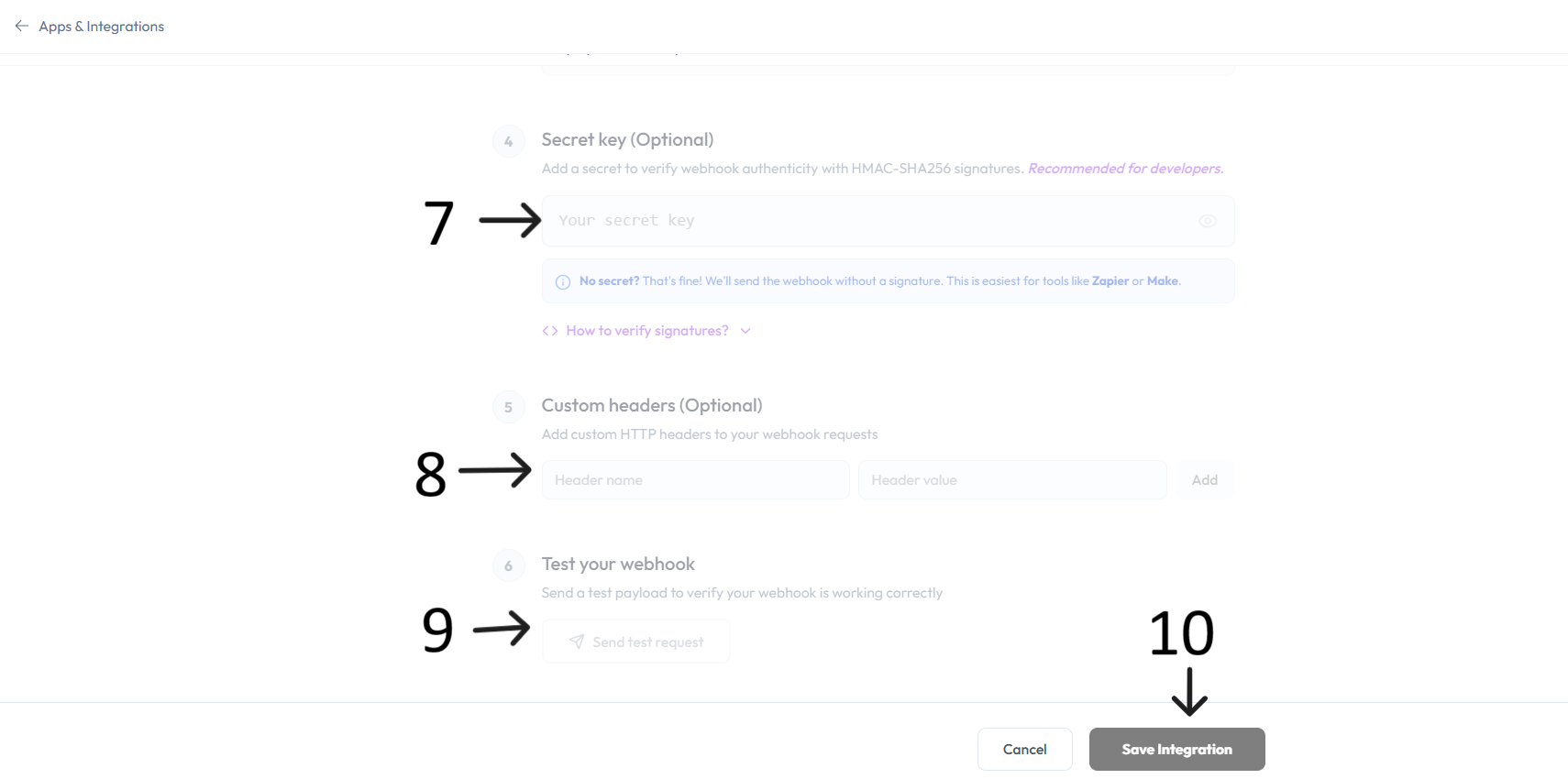Webhook headers and test section after step 8