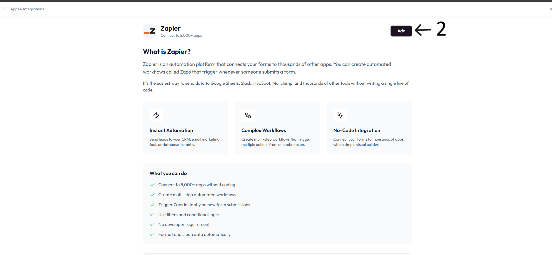 Zapier Webhooks Add screen after step 2