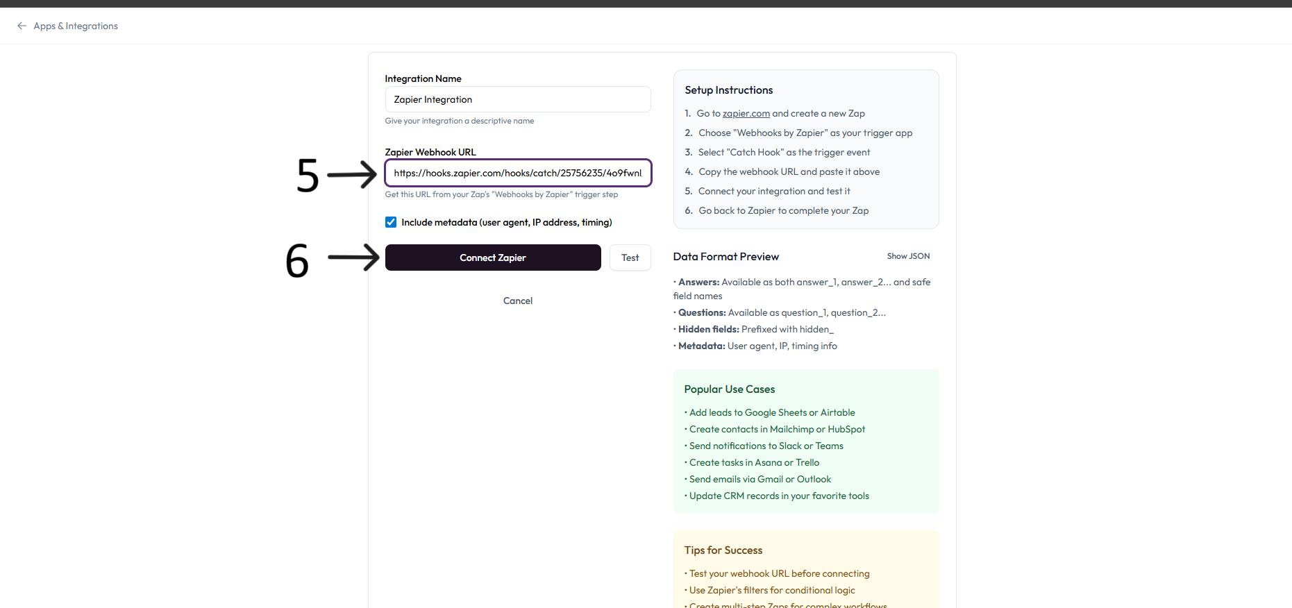 Zapier webhook URL configuration after step 6