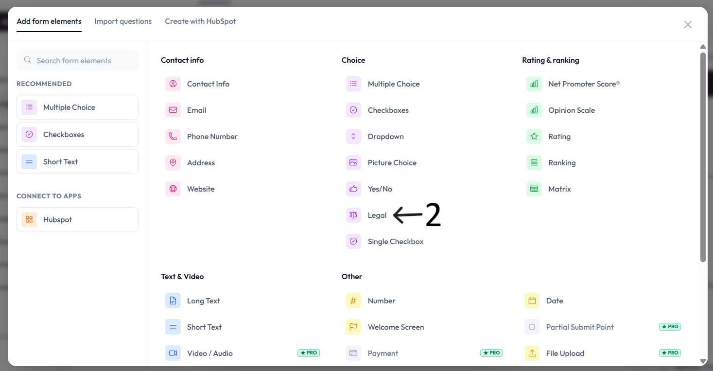 Legal option in question type menu
