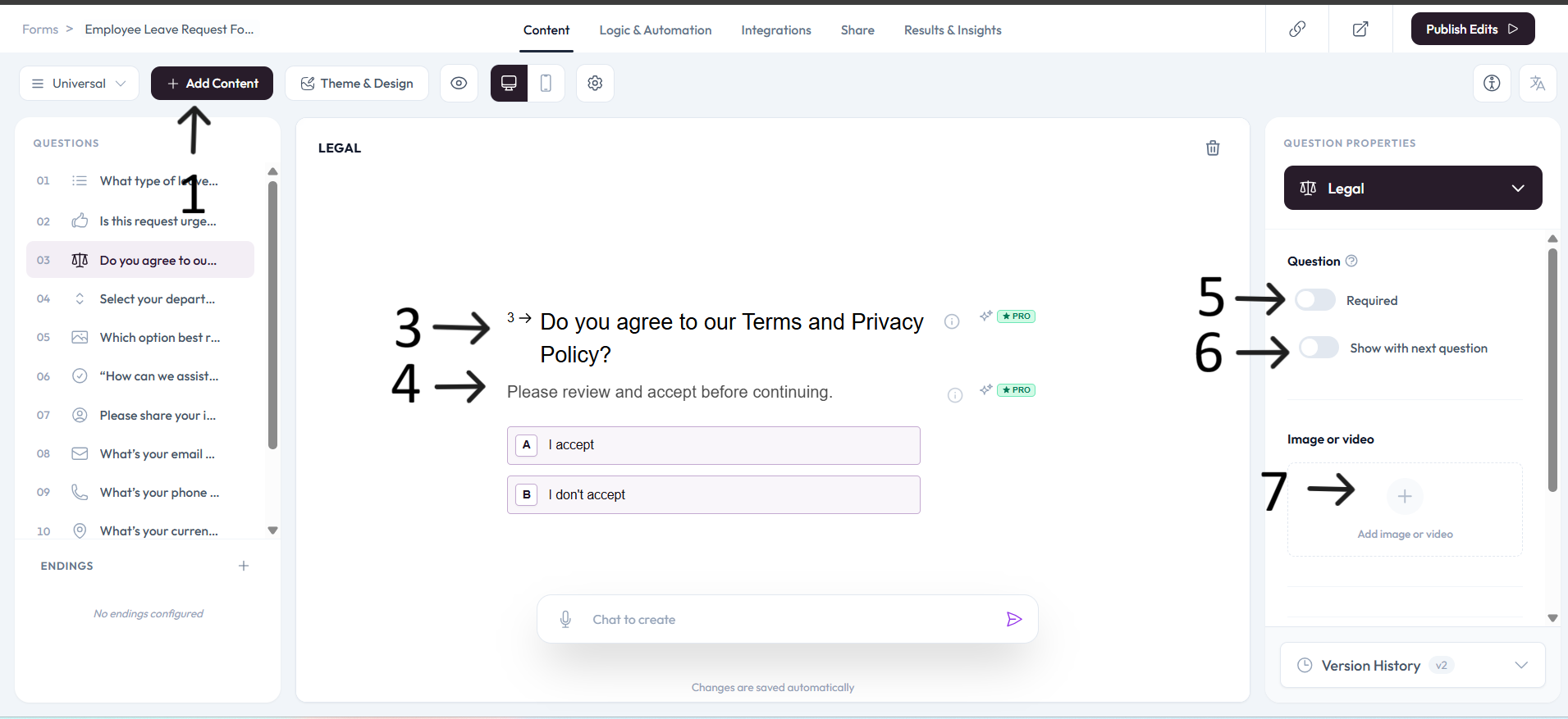Legal question text and description step