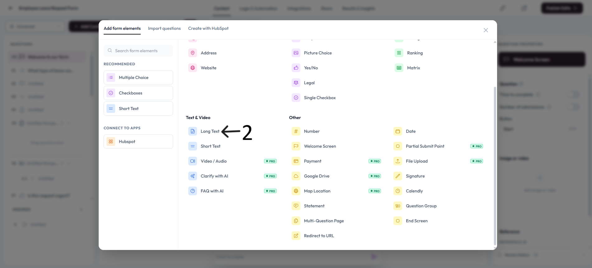 Long Text option selected after step 2