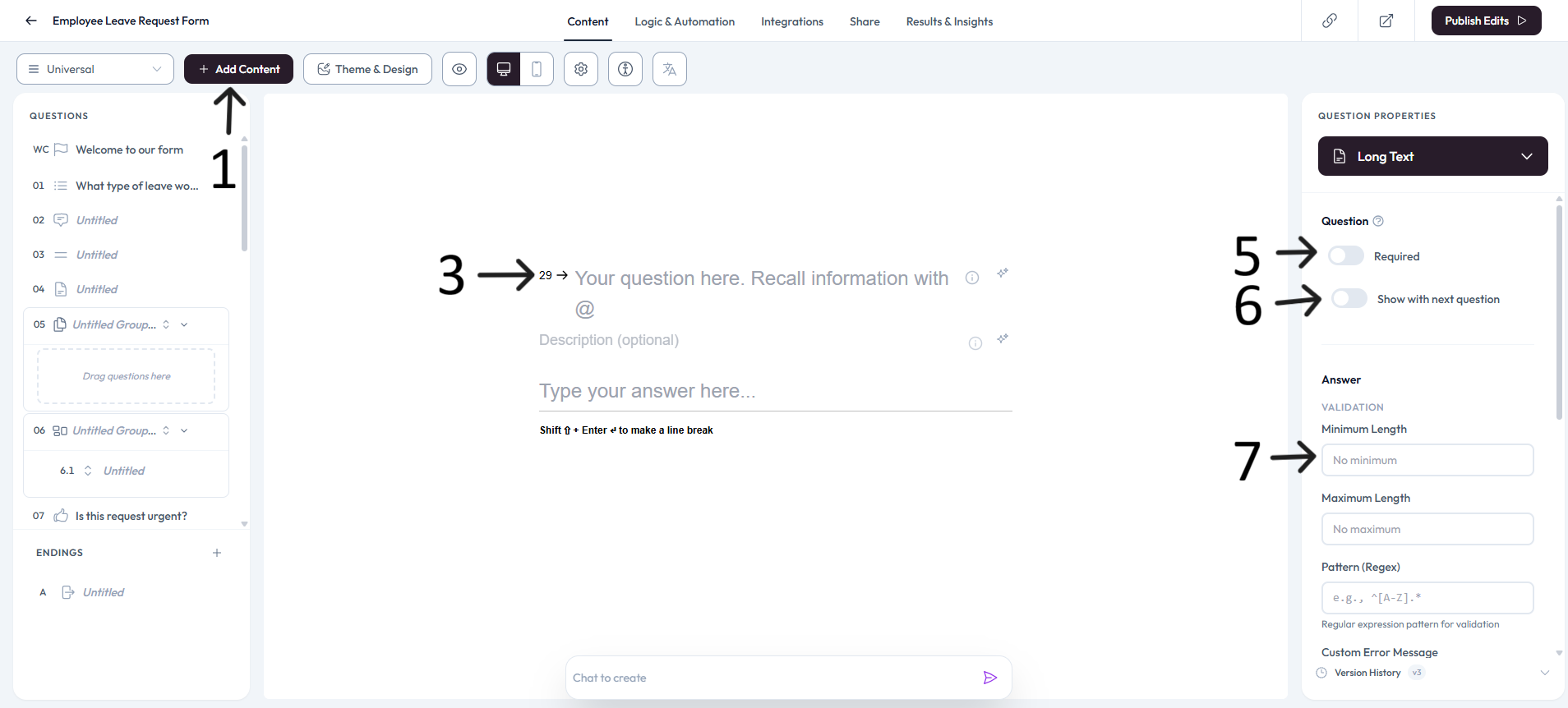 Long Text question setup after step 3