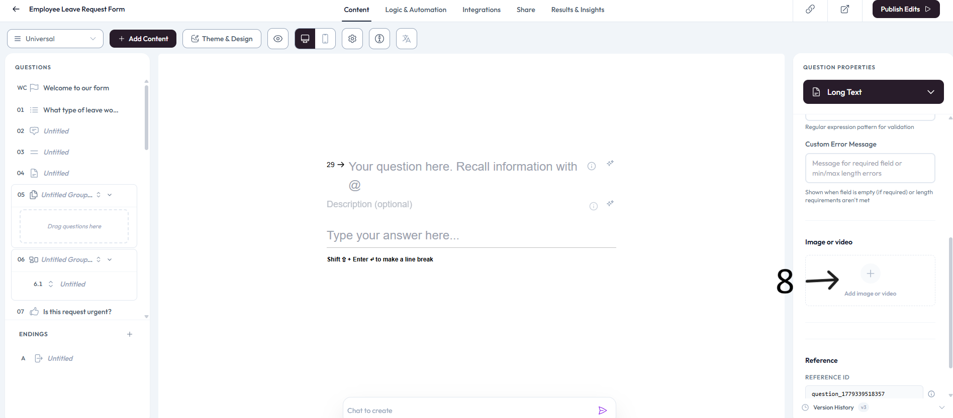 Long Text settings view after step 8