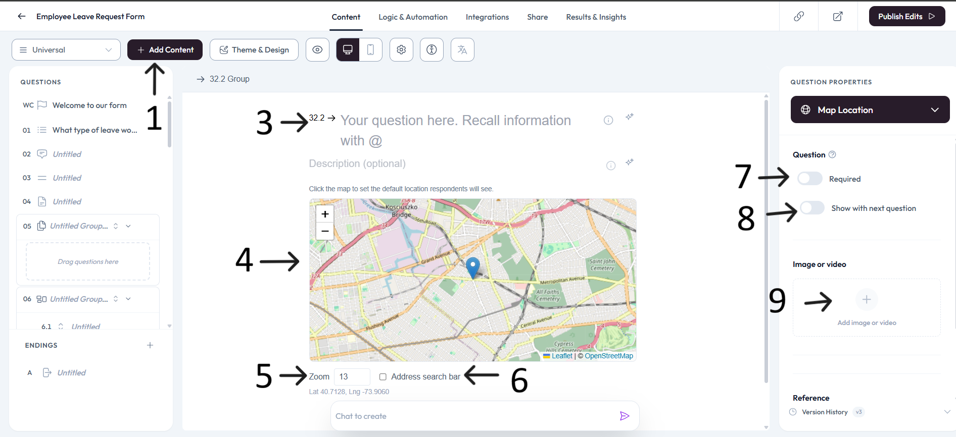 Map Location editor and zoom setting after step 5