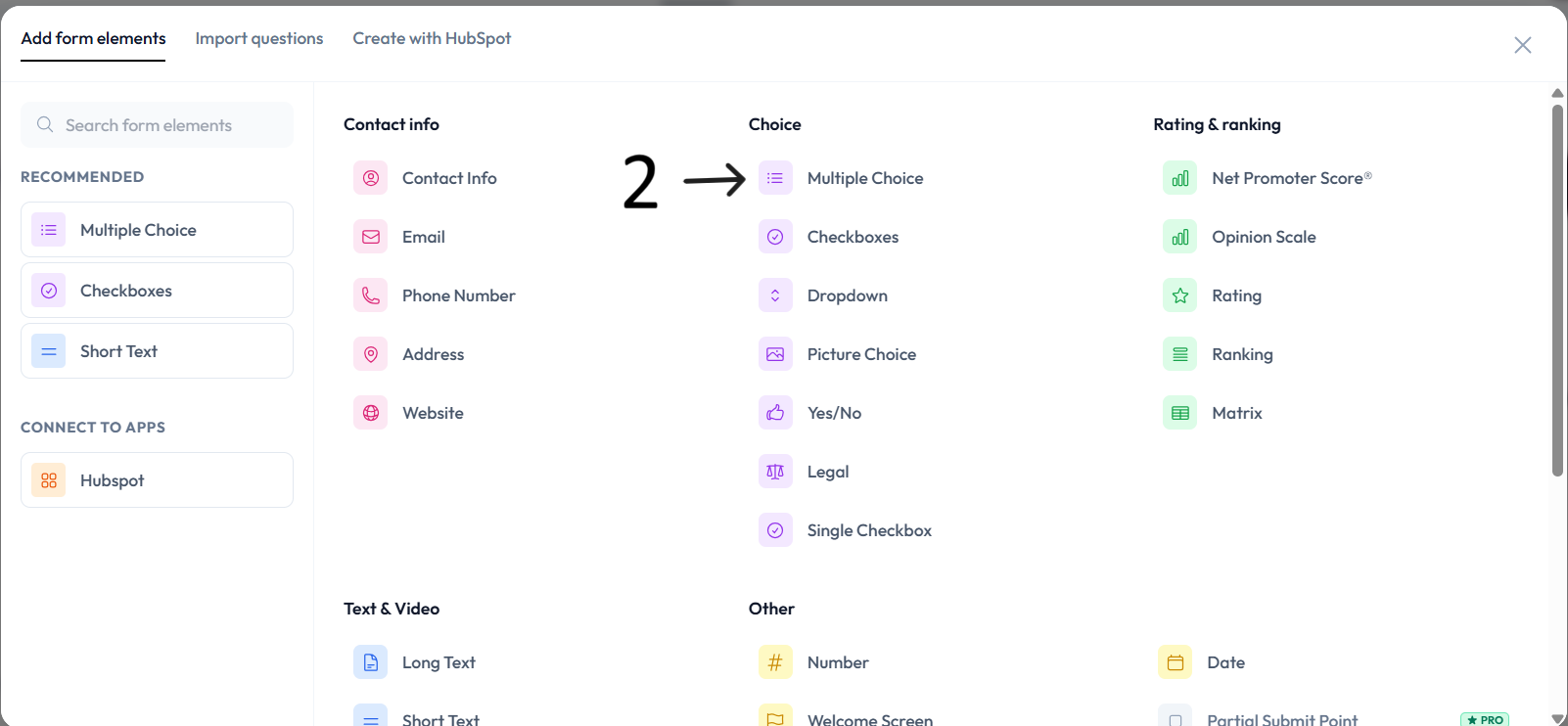Add content modal with Multiple Choice option highlighted