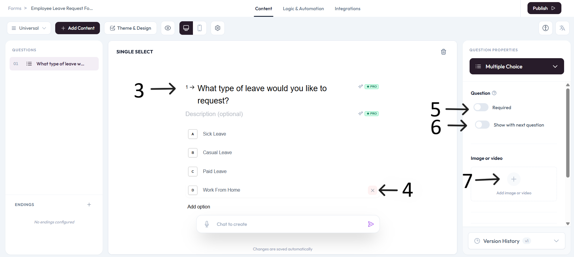 Multiple Choice setup flow for steps 3 and 4