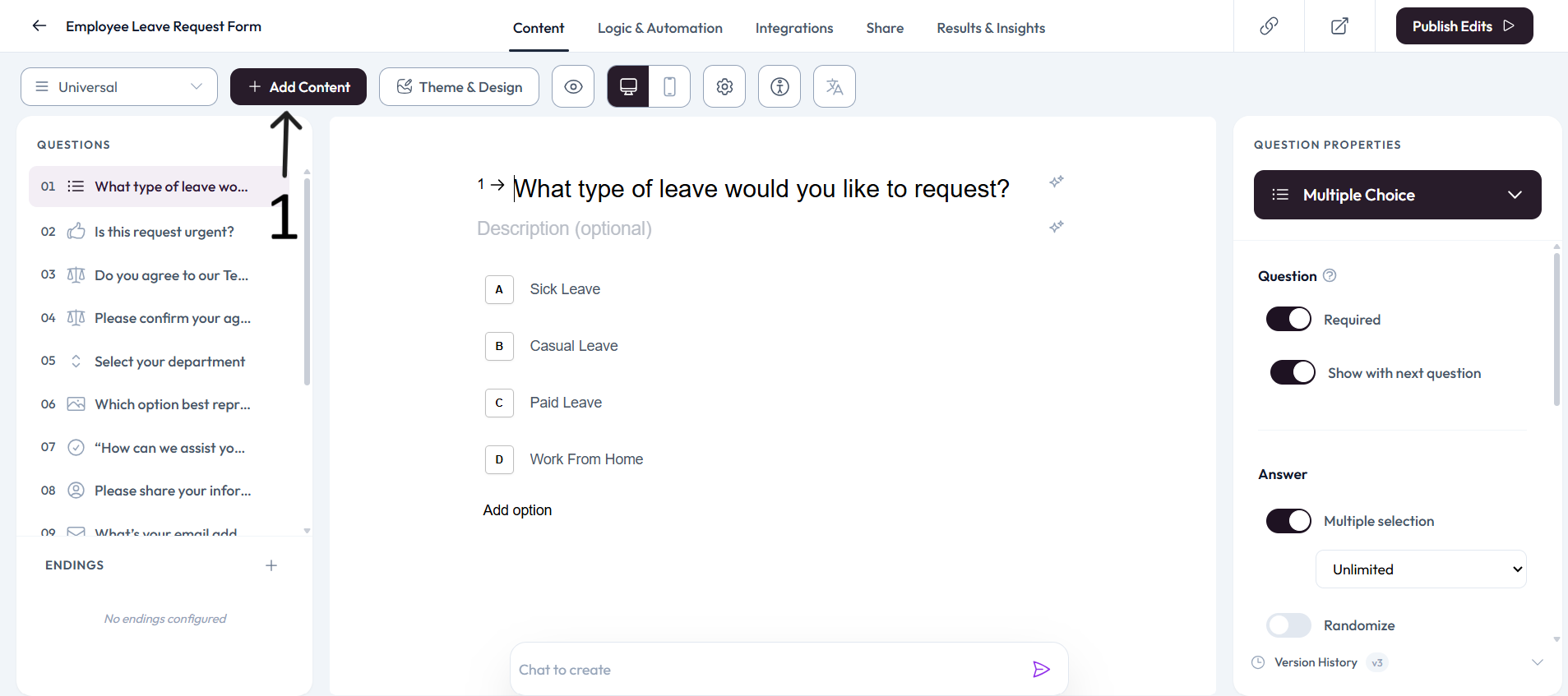 Add Content button in the form builder