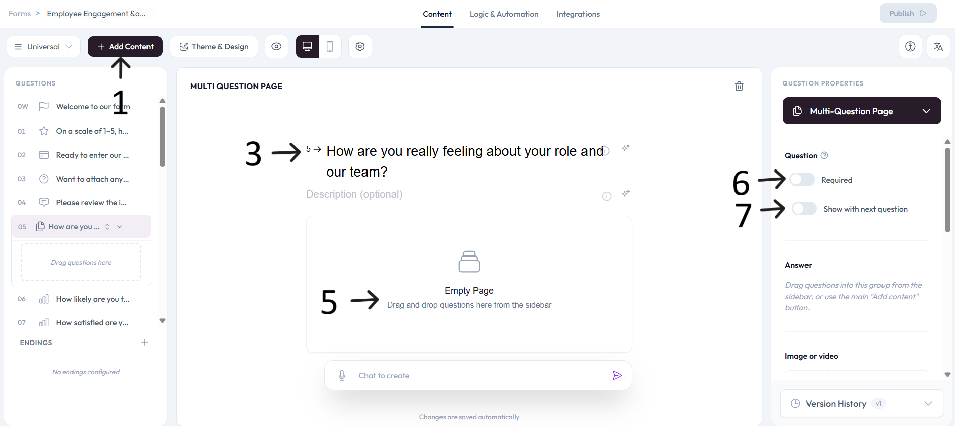 Multi-Question Page configuration after step 5