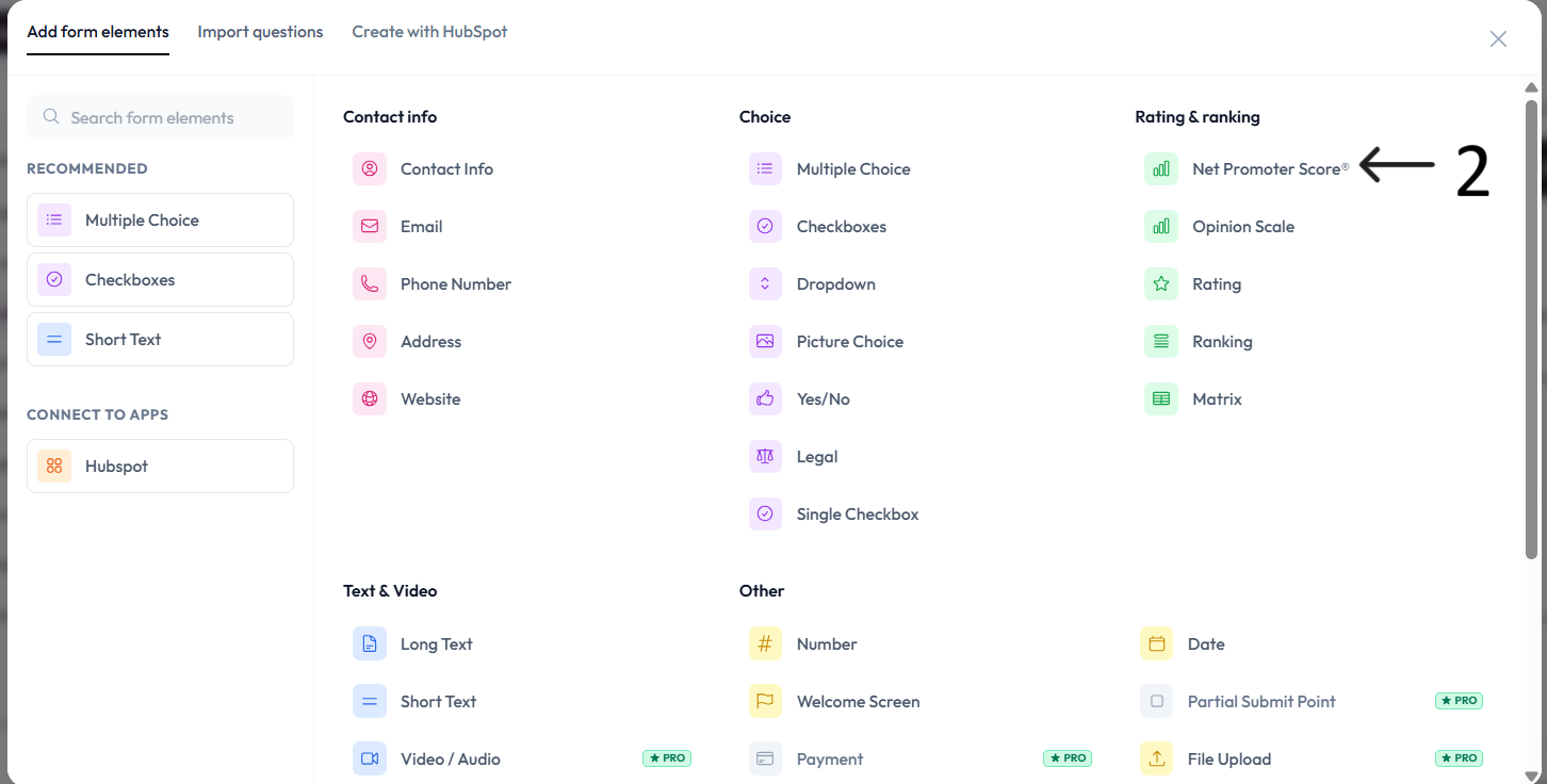 Net Promoter Score option in question type menu