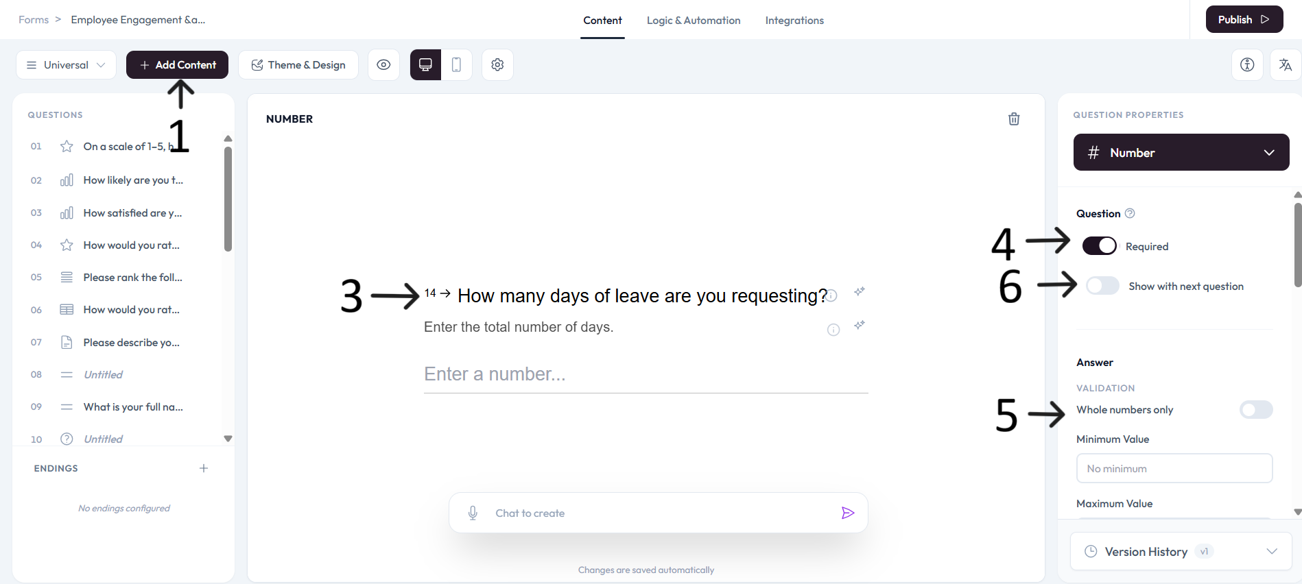 Number question text configured after step 3