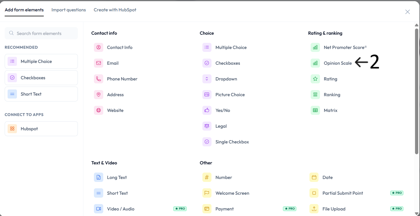 Opinion Scale option in question menu