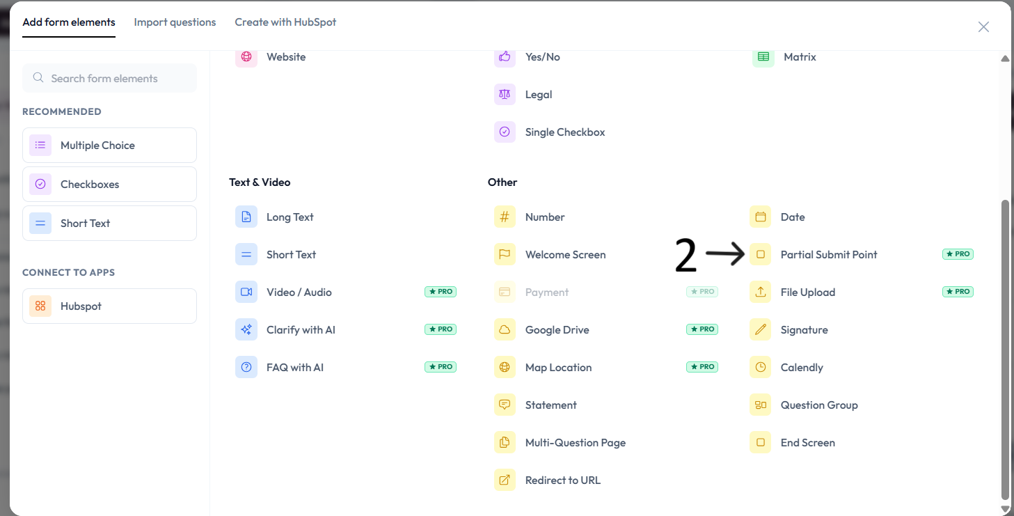 Partial Submit Point option selected in the question type menu after step 2